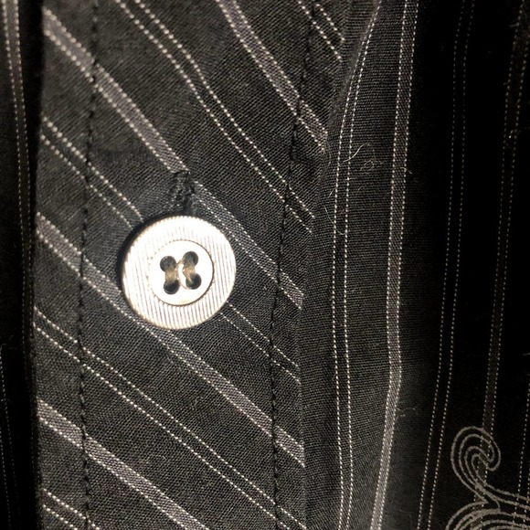 𝅺source DNM Shirt Black Gray Striped Embroidered Graphic Button Up Size Large - Picture 6 of 12